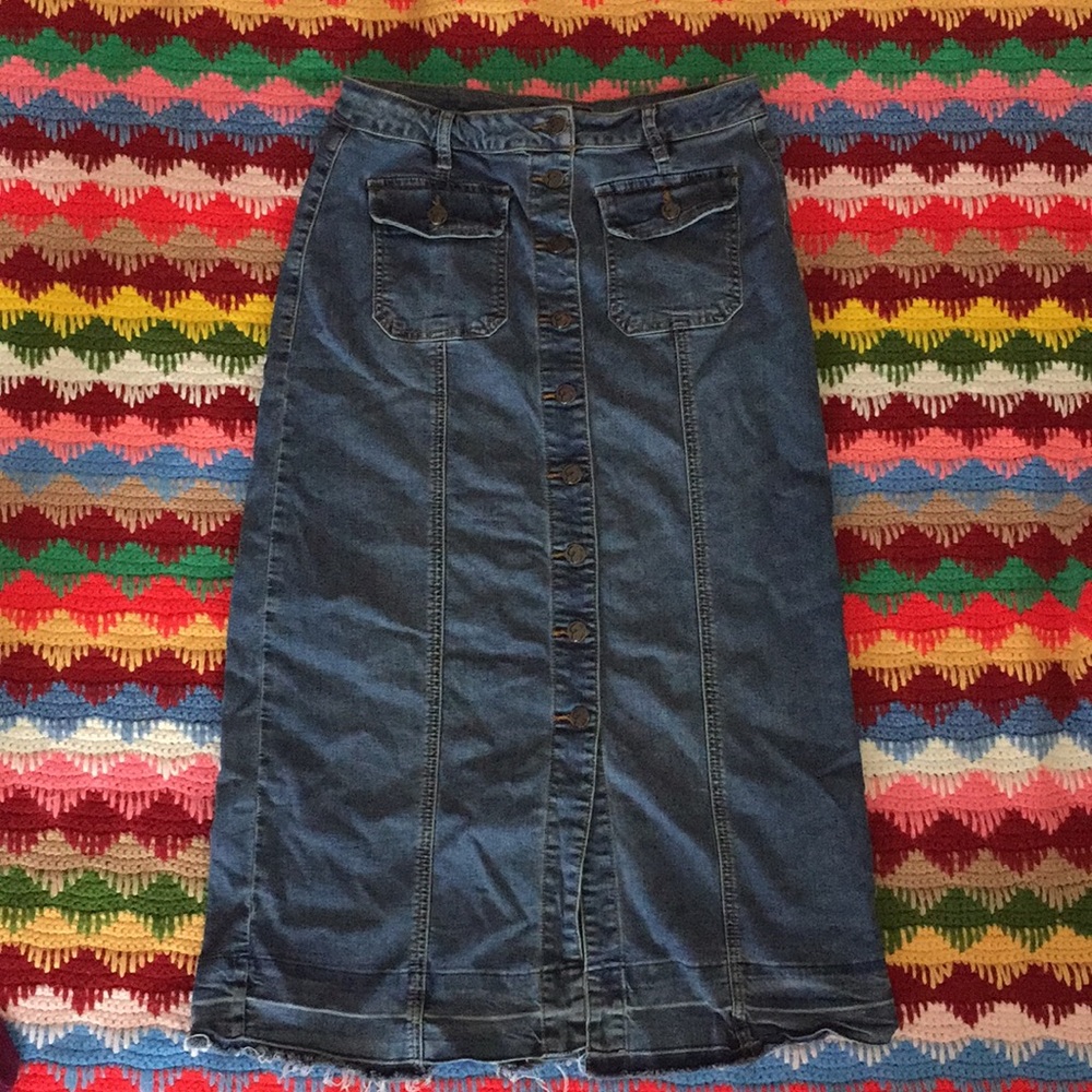 Maxi Button Down Frayed Denim Skirt